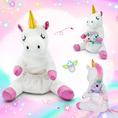 FUNCREVITY plush unicorn backpack toy showcases straps for easy carrying.