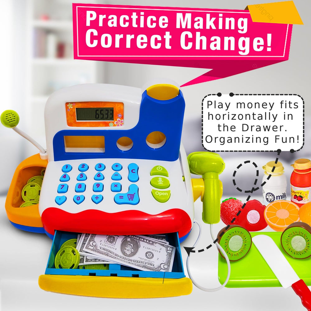 FUNERICA calculator display aids quick math practice during grocery pretend play.