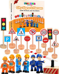 FUNERICA wooden road signs set with traffic signs encourages imaginative play and storytelling
