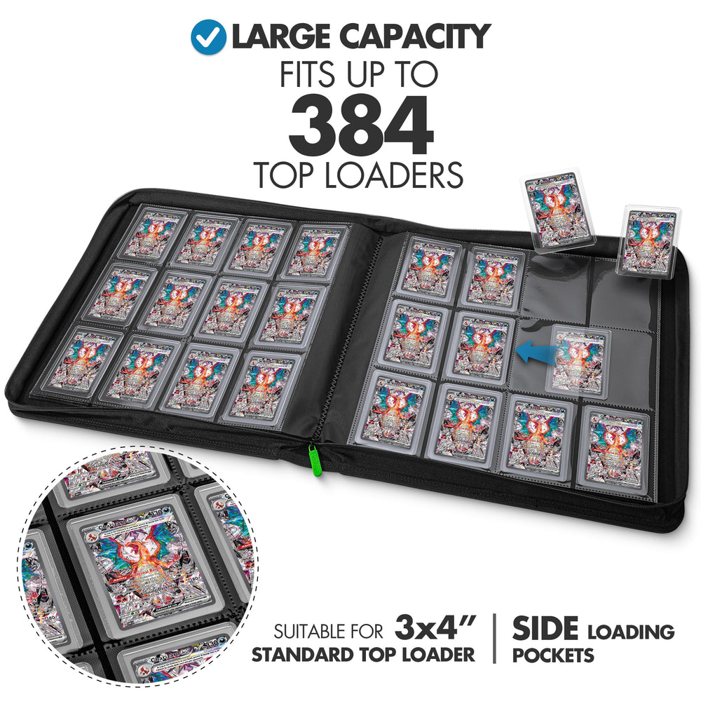 Open front cover view showing 12 pockets per page for 384 cards.