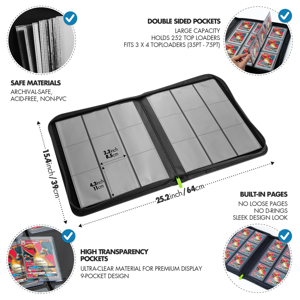 FunGuys Toploader Binder zipper closure fully secures cards against spills and dust