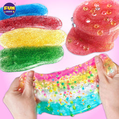 FUN KIDZ clear slime close-up with color drops and glitter for creative effects