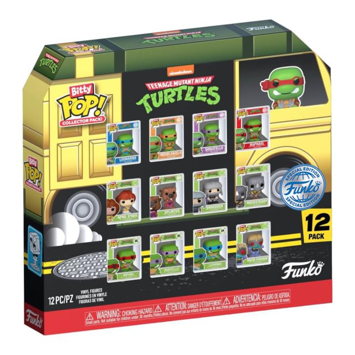 Display-ready Bitty Pop! TMNT set with removable bases for easy stacking and showcasing.