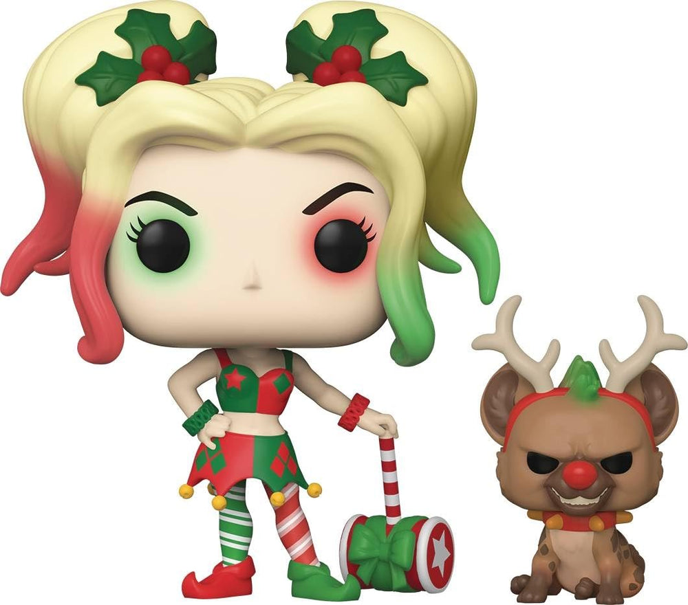 Funko Pop Harley Quinn with Helper DC Holiday figure; ideal for display and collection.
