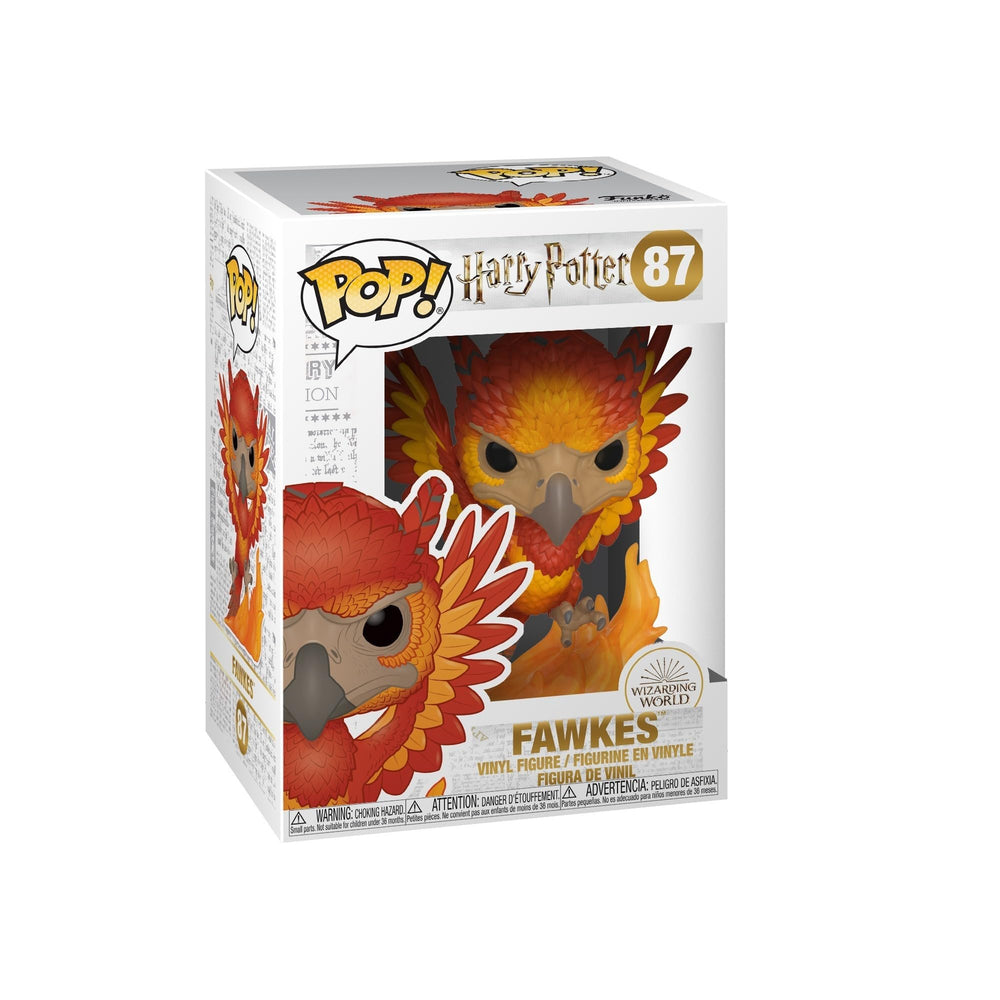 Funko Pop! Harry Potter Fawkes figure on shelf display, compact and collectible