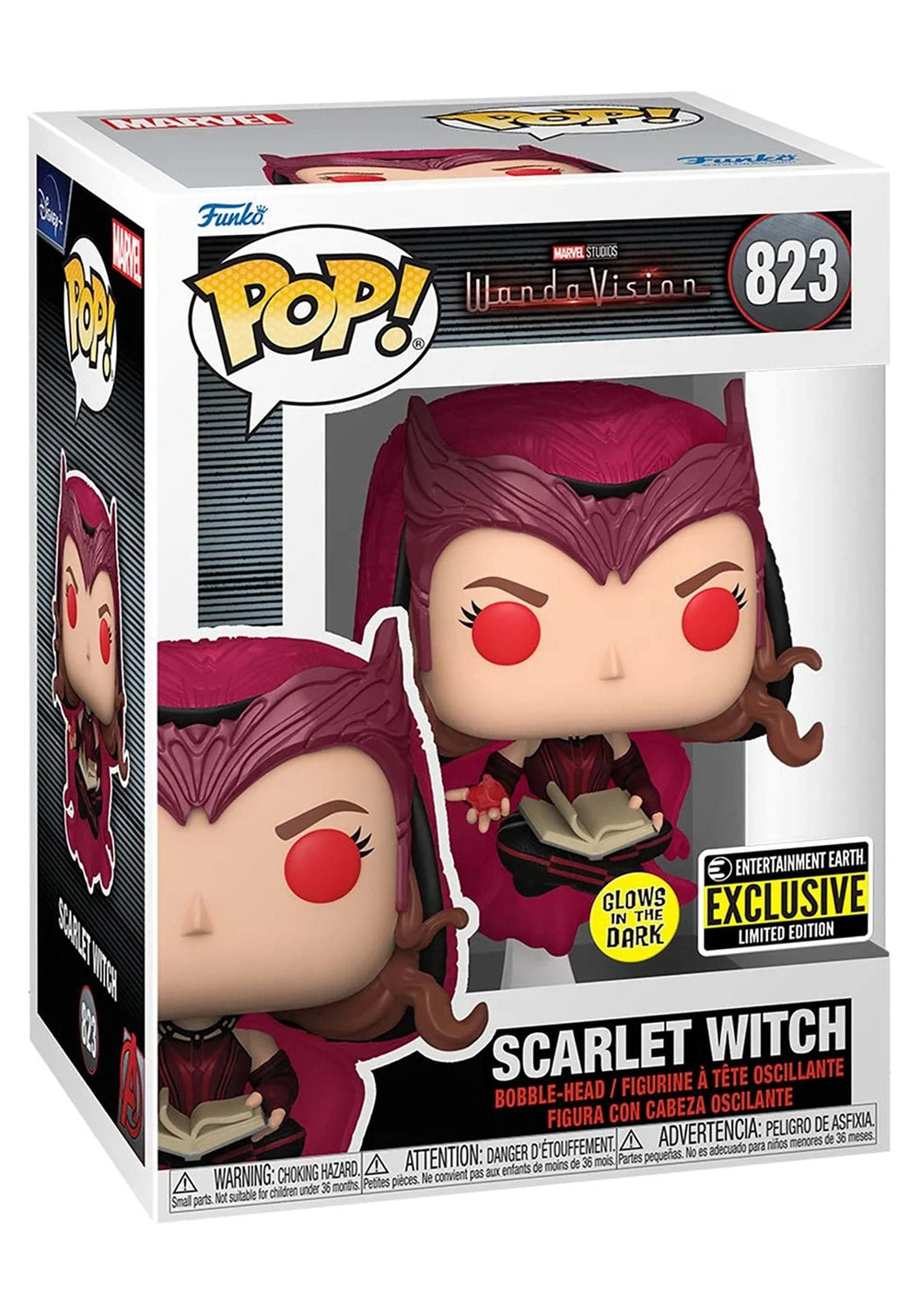Funko WandaVision Scarlet Witch glow-in-the-dark Pop! Vinyl, close-up box art highlights collector-worthy details.