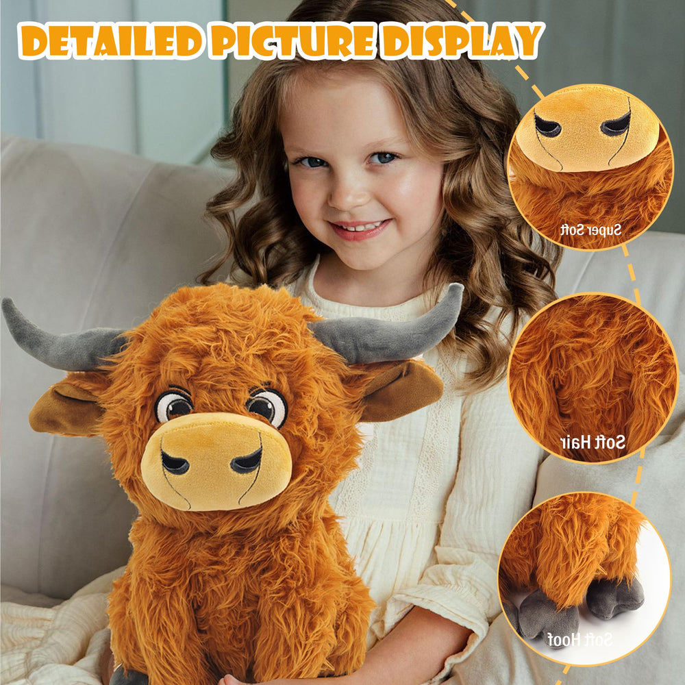 Funky Wizard Highland Cow Plush soft brown fur texture enhances cuddle comfort.