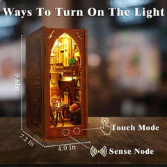 Open shelves reveal books and artifacts in the Funle Book Nook Kit.