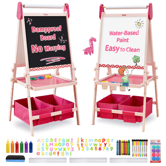 FUNLIO anti-warping kids easel front view in pink shows kid-friendly design for creative play.