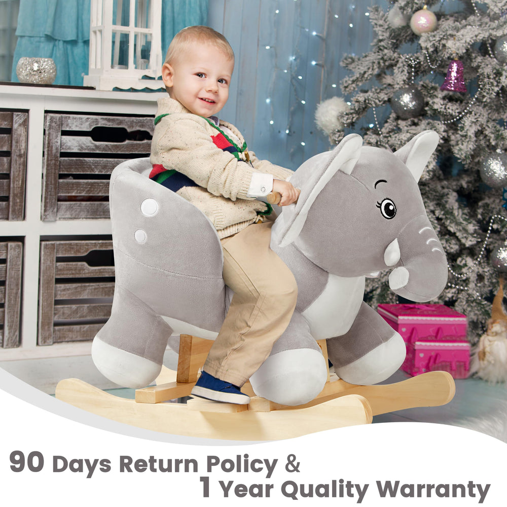 Gift-ready elephant rocking horse for toddlers aged 6 months to 3 years.