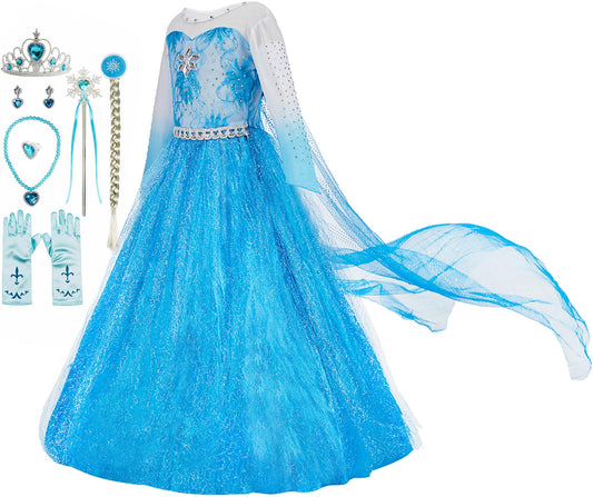 Funna Elsa costume front view blue dress for imaginative dress-up play