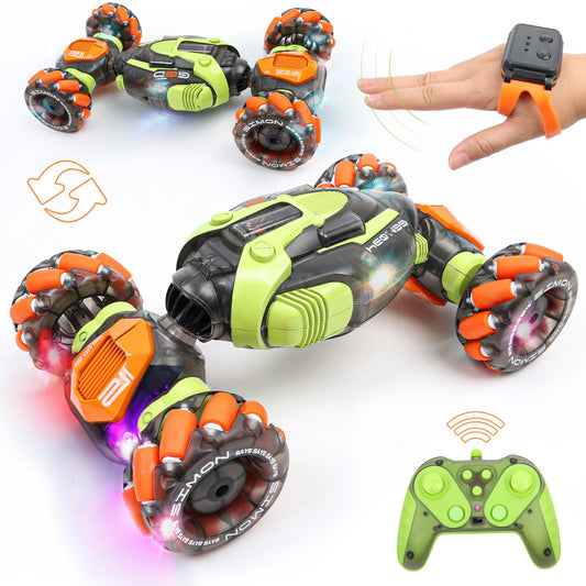 FUNiOi gesture-sensing RC stunt car side view, precise hand-control for indoor play.