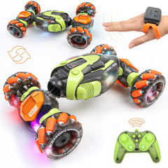 FUNiOi gesture-sensing RC stunt car side view, precise hand-control for indoor play.
