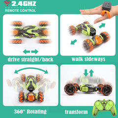 FUNiOi gesture-sensing RC stunt car includes two rechargeable batteries for extended play.