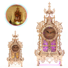 FUNPOLA 3D Wood Puzzle Clock tower assembly side view highlights the building process.