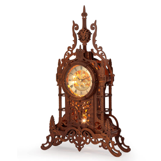 FUNPOLA LED 3D Clock Tower front view showcases intricate wood layers for stylish desk decor.