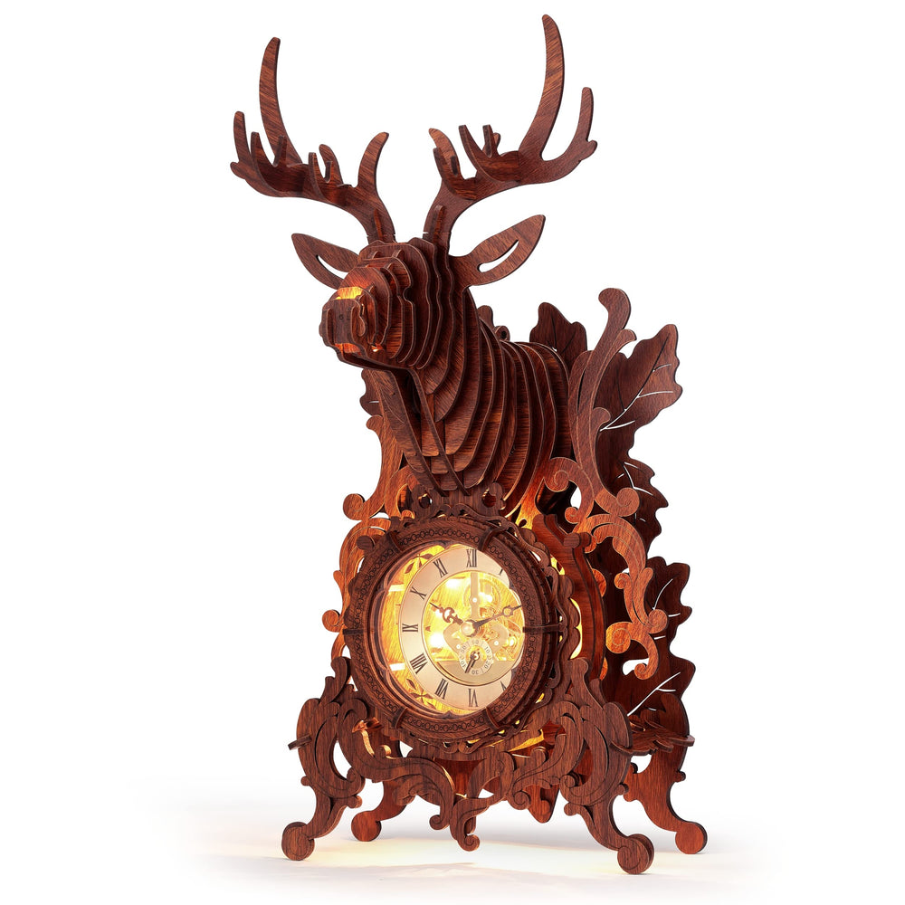 FUNPOLA LED 3D deer clock puzzle glows softly for desk decor.