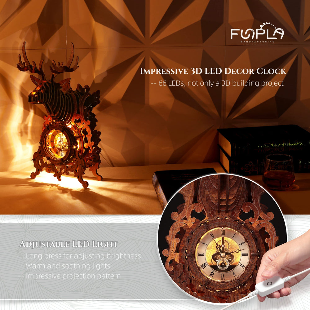 FUNPOLA wooden deer clock puzzle with LED lighting enhances ambiance.