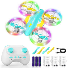 FUNPX LED drone front view with blue-yellow body for kid-friendly indoor flights.