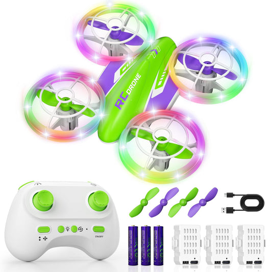 FUNPX LED drone front view with green and purple lights for engaging night flights.
