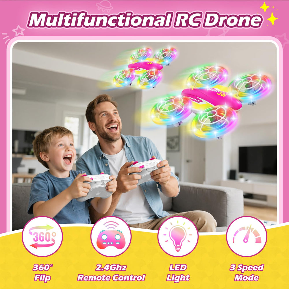 FUNPX LED RC Drone performing a 360° stunt roll during indoor play.