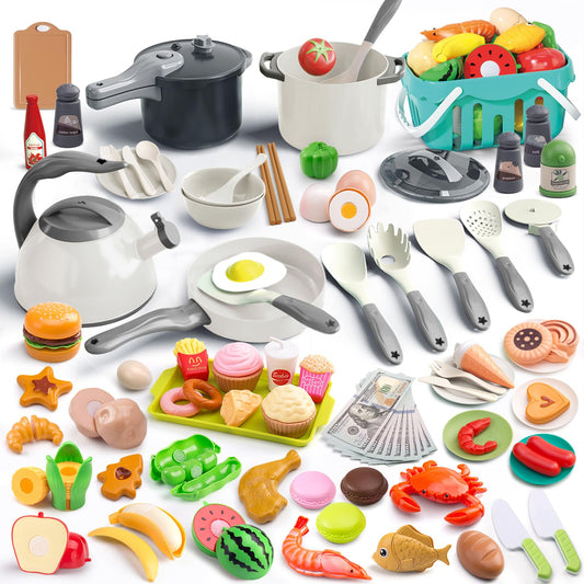 Funpynani 130-piece kitchen playset assembly shown for imaginative pretend cooking