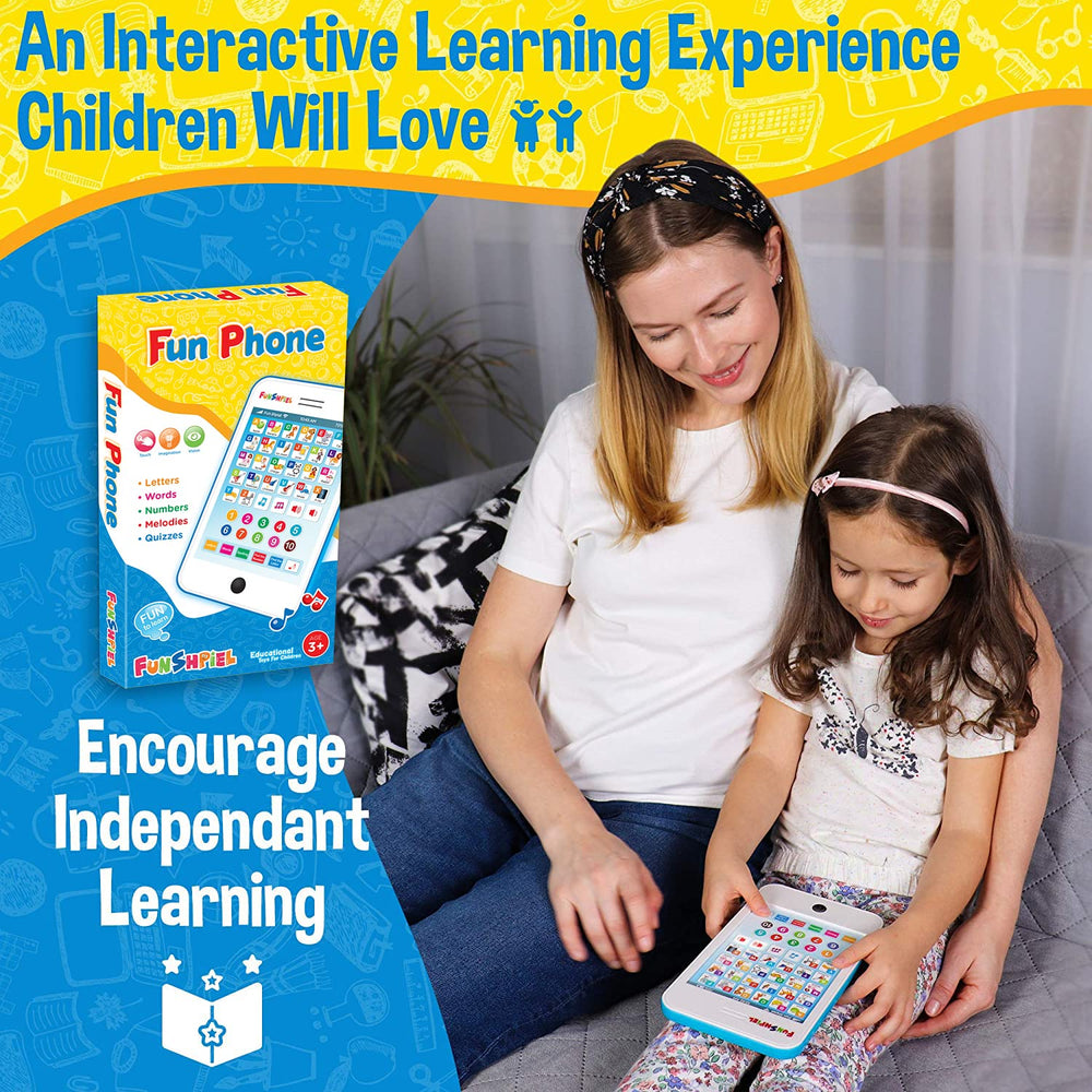 Funshpiel Kid Tablet with colorful pictures aiding visual learning of colors and letters.