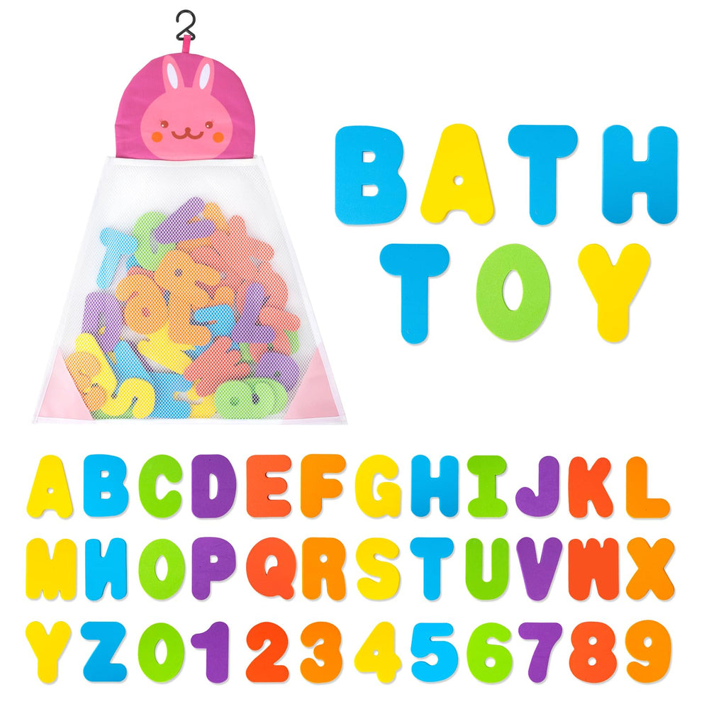 Funsland bath toys organizer with foam letters and numbers keeps toys organized after bath.