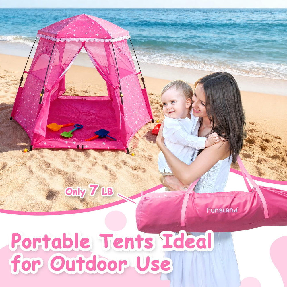 Funsland Princess Pop-up Play Tent lawn setup with stakes for stability.