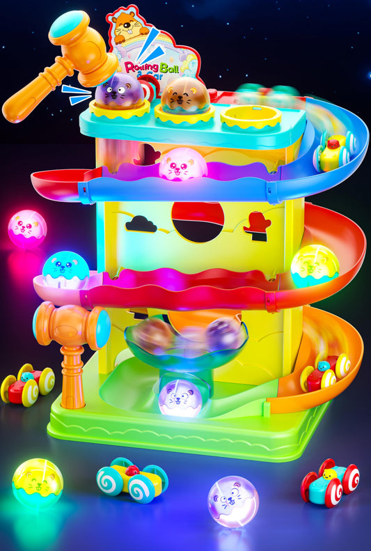 Funwee ball ramp lights enhance hand-eye coordination during hammer hits.