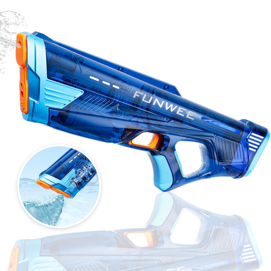 Funwee electric water gun with a transparent blue body showing power status for outdoor battles.