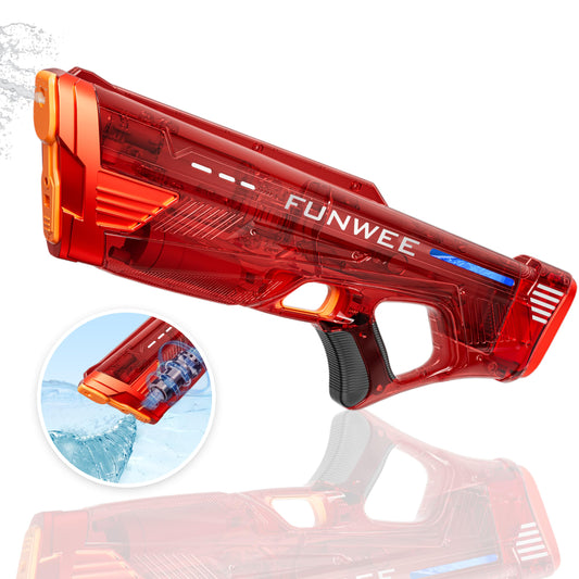 Funwee electric water gun with transparent red body for immersive summer battles.