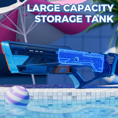 Funwee water gun demonstrating 28 to 32 feet long-range spray