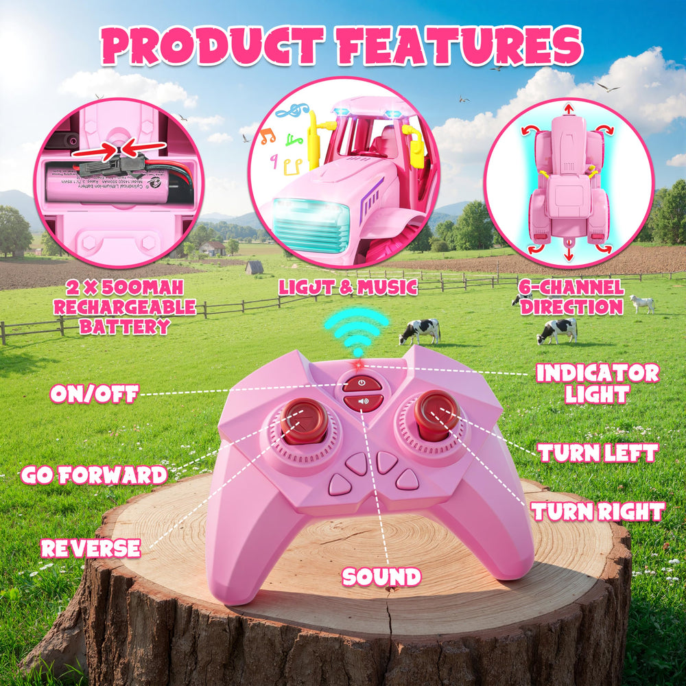 Funwee RC Farm Tractor pink trailer brings mini farm loads to playtime.