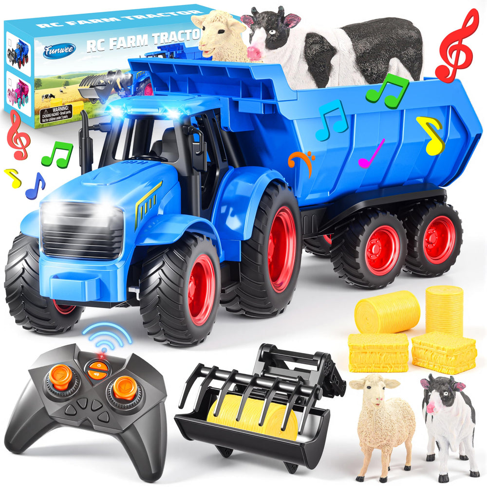 Funwee RC Tractor blue with front loader lights up playtime and farm action