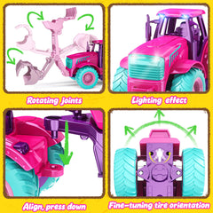 Funwee RC tractor toy set showing bright LED headlights for immersive scenes