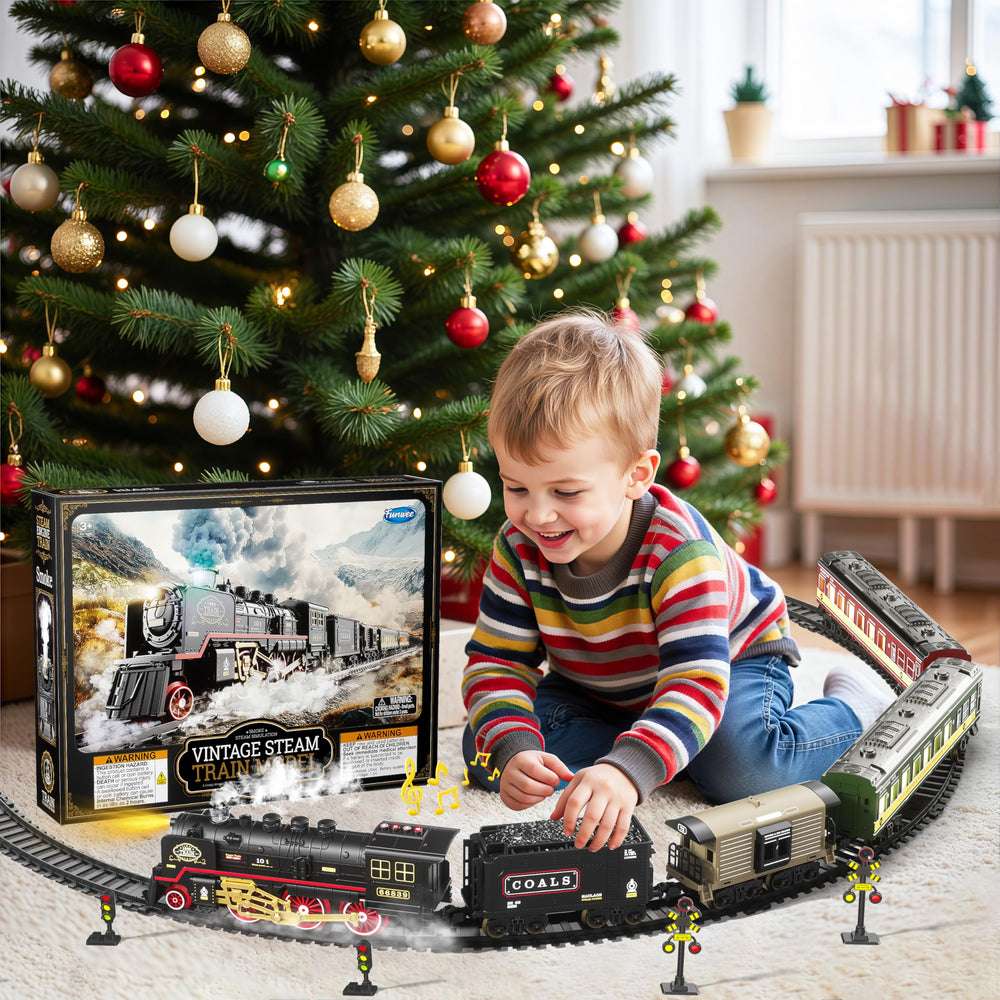 Funwee train set under Christmas tree creates festive play moments.