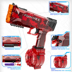 Funwee long-range blaster reaches 28–32 feet in action.
