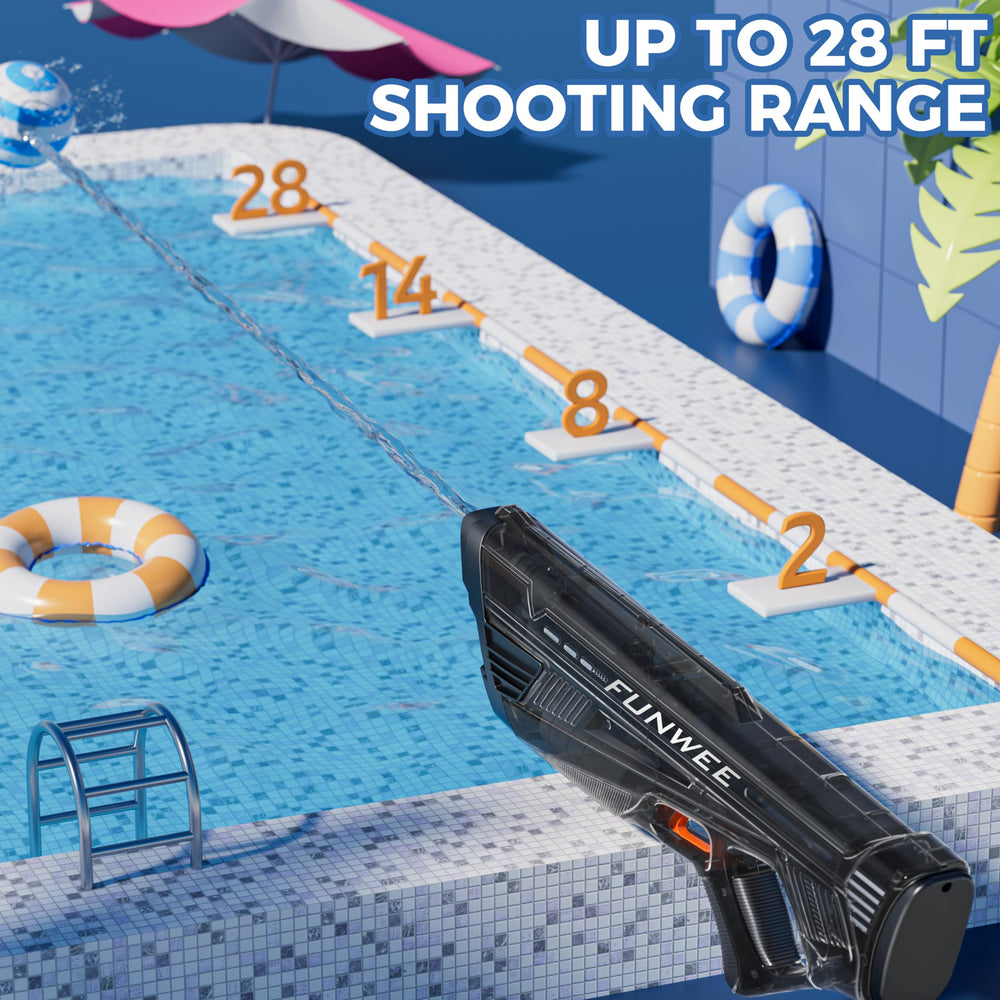 Rechargeable battery powered Funwee blaster for extended poolside battles