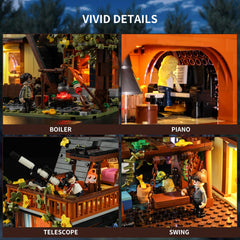 FUNWHOLE A-Frame cabin fireplace and piano scene evokes warmth.