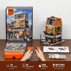 FUNWHOLE Book-Cafe large bookshelf scene demonstrates modular city compatibility.