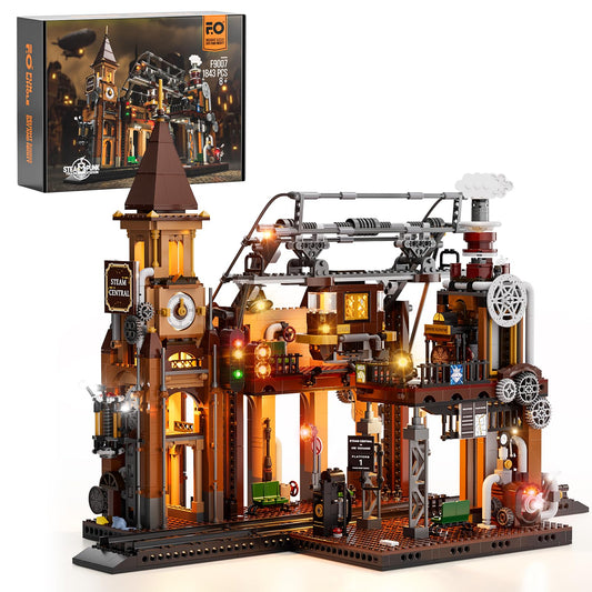 FUNWHOLE Train-Station Lighting Bricks set illuminates scenes for immersive steampunk storytelling.