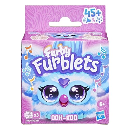 Blue and white Furby Furblets fur detail highlights soft plush for cozy play.