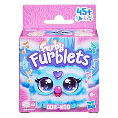 Blue and white Furby Furblets fur detail highlights soft plush for cozy play.