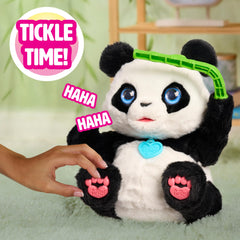 FurReal Coco holding bamboo shoot accessory to illustrate snacking sounds and role play