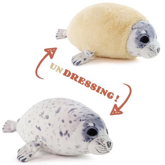 Furvana 25-inch chubby seal pillow front view, a cozy plush decor piece for living rooms.