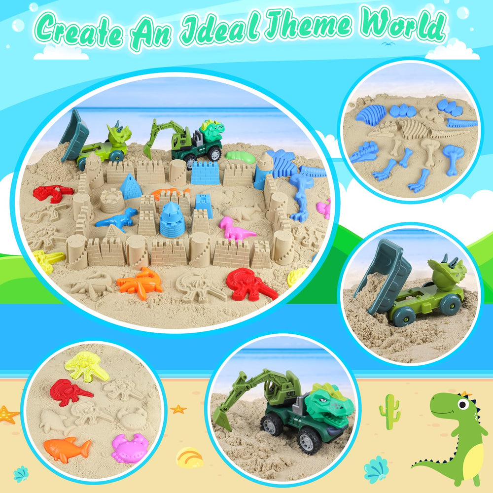 FUSPWEAO dinosaur truck and excavator encouraging imaginative digging on sand.
