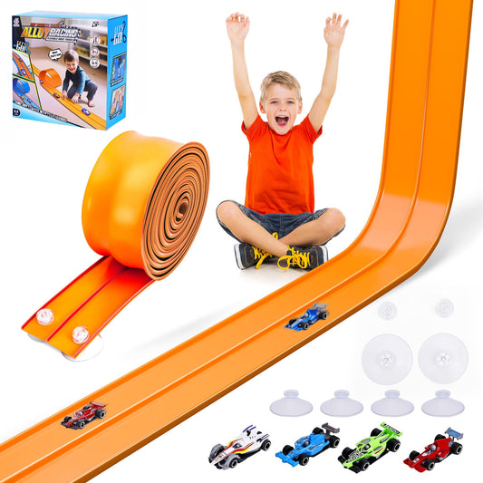 FUTESI 15ft flexible track laid out on a table for family racing fun.