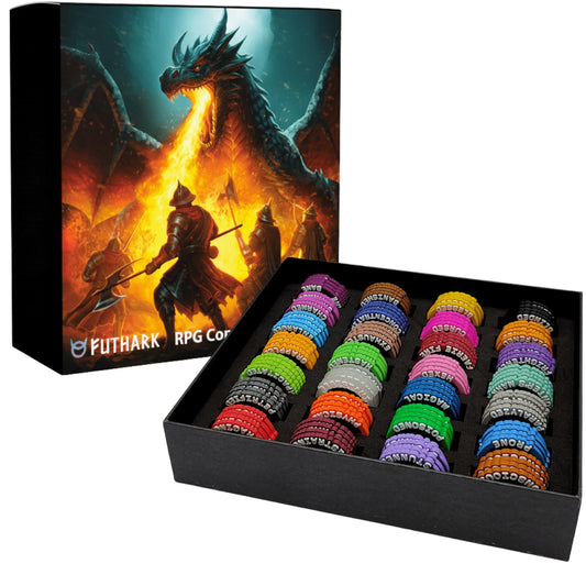 Futhark DND Condition Rings in storage box for organized gameplay status markers.