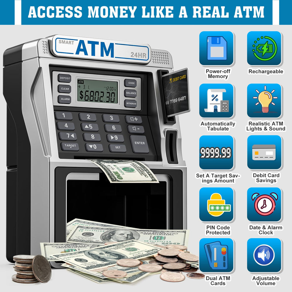 Fuwidvia ATM Piggy Bank debit card slot with PIN access and LCD prompts